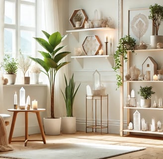 Un intérieur de maison propre et lumineux, et des cristaux posés sur les étagères et les tables.