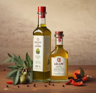 Several shelves display a variety of olive oil bottles. The bottles are in dark and light colors, with some wrapped in decorative packaging with tags. The shelves are wooden, and the setting appears to be a specialty or gourmet shop.
