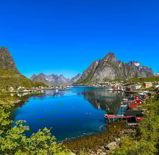 anoramic view of Reine and fjords from Reinebringen, near Maritime Munchies fish and chips - Lofoten