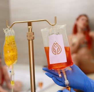 a person in blue gloves holding Iv therapy drip with b complex vitamin c glutathione