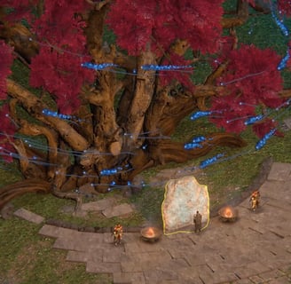 Ancient red tree with glowing blue energy surrounding a mystical stone tablet in a fantasy RPG setti