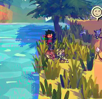 A colorful scene from Beastieball featuring a coach exploring nature with their beastie companions.