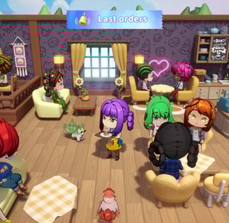 Colorful café scene with chibi characters, fantasy creatures, and a cozy, vibrant atmosphere.