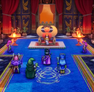 A royal audience scene in DRAGON QUEST III HD-2D Remake, featuring vibrant pixel art.