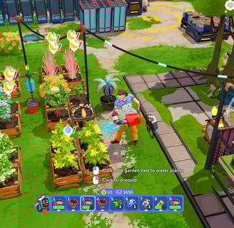 A character waters crops in a lush rooftop garden in I Am Future, blending survival and farming.