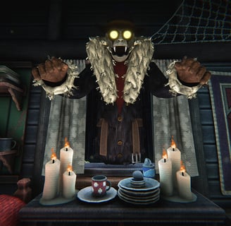 A terrifying figure with glowing eyes looms over a candlelit table in a dimly lit cabin.