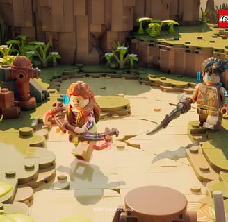 LEGO Aloy and a companion explore a vibrant brick-built world in LEGO Horizon Adventures.