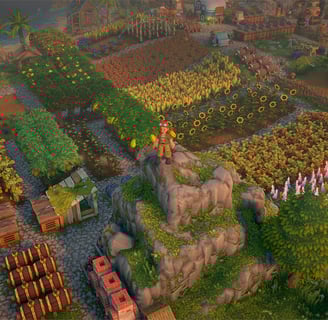 Lush farmland with vibrant crops, a small cottage, and a character standing atop a rocky hill.