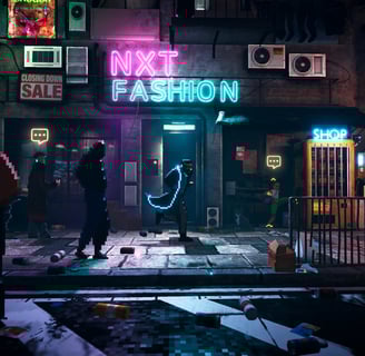 Cyberpunk city street with neon lights, pixel art characters, and a futuristic atmosphere.