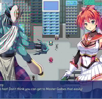 Anime-inspired RPG scene with a magical girl and a monstrous foe in a futuristic city battle.