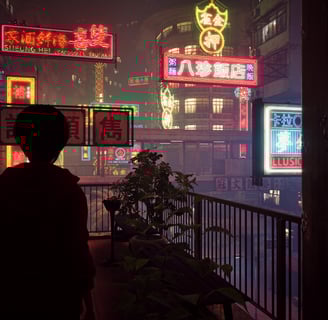 A silhouetted figure overlooks a neon-lit cityscape in Slitterhead, evoking a dark, eerie atmosphere