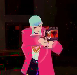 A stylish protagonist in a pink coat aims a demonic gun in the eerie world of *Sorry, We’re Closed*.