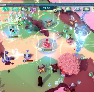 Colorful battle scene in Temtem Swarm with fast-paced creature combat and cooperative action.