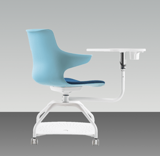 Student chair with writing tablet and wheels, blue seat and white frame