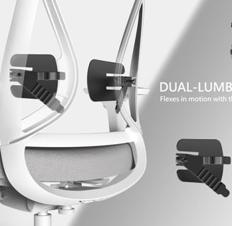 Close-up of Sensit T150 chair showing dual-lumbar support system with motion flex diagram.