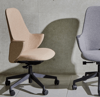 Two modern swivel chairs with winged backrests in beige and grey on star bases