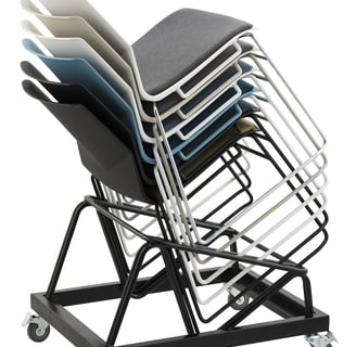 Stackable chairs on a mobile trolley for easy transport and storage