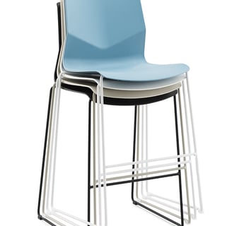 High stack of armless cantilever-style stackable chairs in blue and white