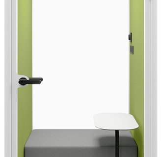 Type S-01 Sensit Phone Pod with green interior, compact design, and integrated desk.