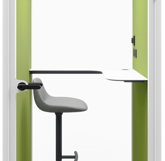 Type S-03 Sensit Phone Pod with green walls, stool seating, and integrated white desk.