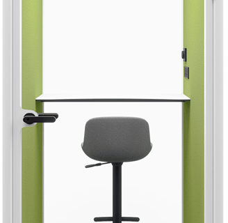 Type S-04 Sensit Phone Pod with green walls, stool seating, and integrated white desk.