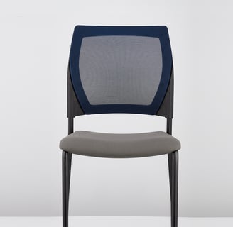 V137 visitor chair with grey seat and blue mesh back, front view