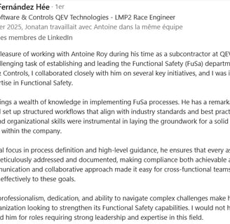 Recommendation from my hiring Manager in QEV Technologies