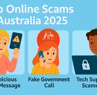 Infographic titled "Top 10 Online Scams Targeting Australians in 2025" showing visual icons for scam