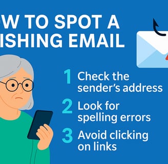 Illustration showing an elderly woman reading a suspicious email with a phishing warning symbol on s