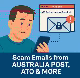 A realistic scam email from a fake ATO sender displayed on a smartphone screen, mimicking official c