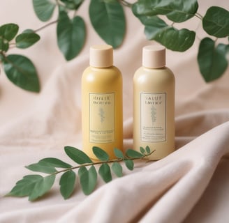 two bottles of shampooe and a plant in a white cloth