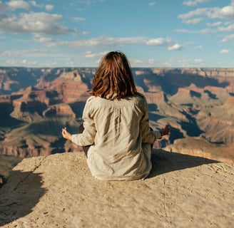 a woman sitting on a rock in the grand canyon