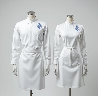 Dos maniquies con trajes de cocinero, uno de hombre y otro de mujer. mandil y delantal blanco