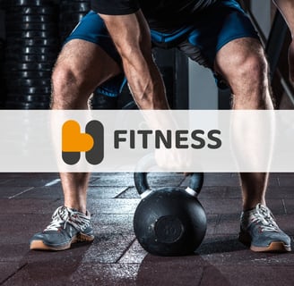 Badge for Fitness service, with a photo of a man using a kettlebell weight in the gym