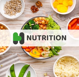 Badge for Nutrition service, with a background of bowls of healthy salads, fruits and nuts