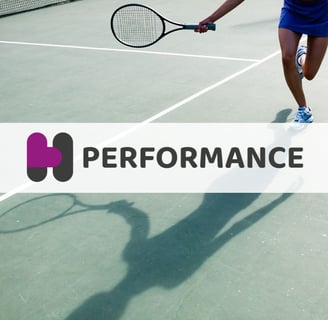 Service badge for Performance, with an image of a woman playing tennis
