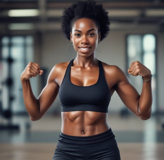 A woman with curly black hair is wearing a dark athletic outfit, including a sports bra and shorts, and holding a kettlebell. The background is completely black, emphasizing her muscular physique.