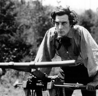 A scene of Buster Keaton  from the film "The General."