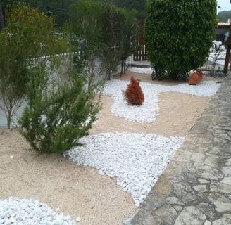 a garden with white rocks
