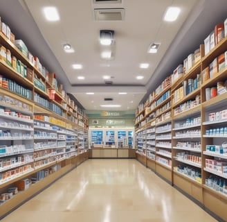 A small illuminated pharmacy storefront is present with signs in Thai script. The interior is well-lit, revealing various products displayed on shelves. A car is parked in front of the store under a streetlamp, and numerous tangled electrical cables run above.