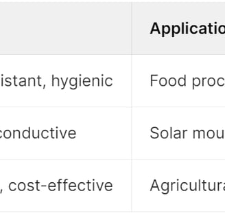 A table outlining critical materials for metal fabrication, list materials properties , application.
