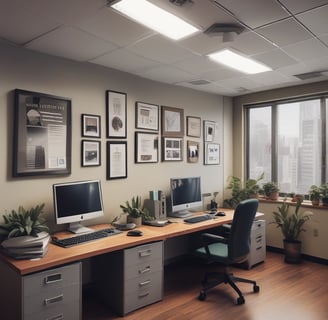 A modern workspace features a large curved monitor displaying a web agency page, surrounded by various items including a laptop, a smartphone, a wireless keyboard, headphones, and a stylus pad. The setup is neatly arranged on a wooden desk against a dark wall, creating a sleek and professional look.