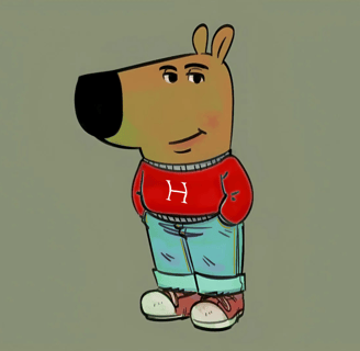 a cartoon dog with a red shirt and jeans chill guy