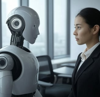 a woman in a suit and tie standing next to a robot