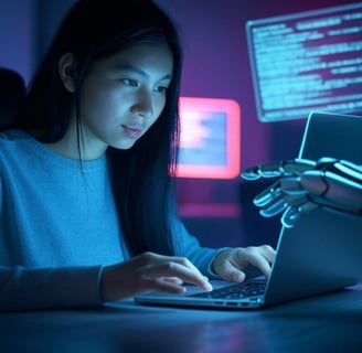 a woman sitting at a desk with a robot hand holding a robot hand