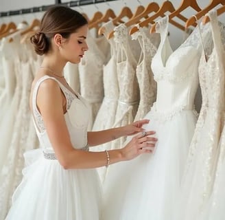 femme regardant robe qui reflechie au choix de sa robe de mariee