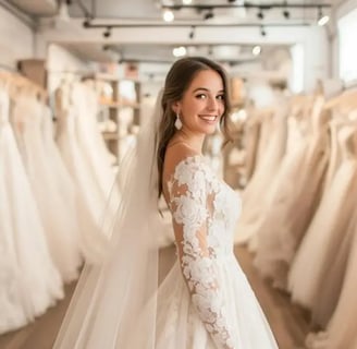 femmes dans boutique de mariage entourée miroirs rayons robes mariée