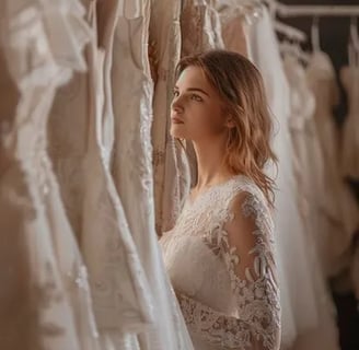 mariée dans un salon mariage regarde robe mariee