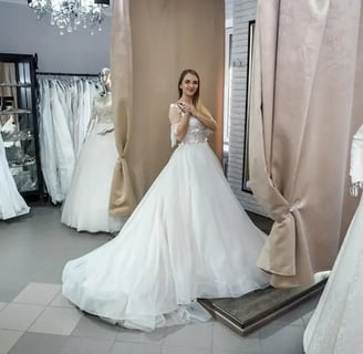 mariée heureuse en essyage de robe mariee debout dans salon