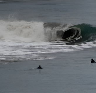 two surfers in the water staring at a perfect left